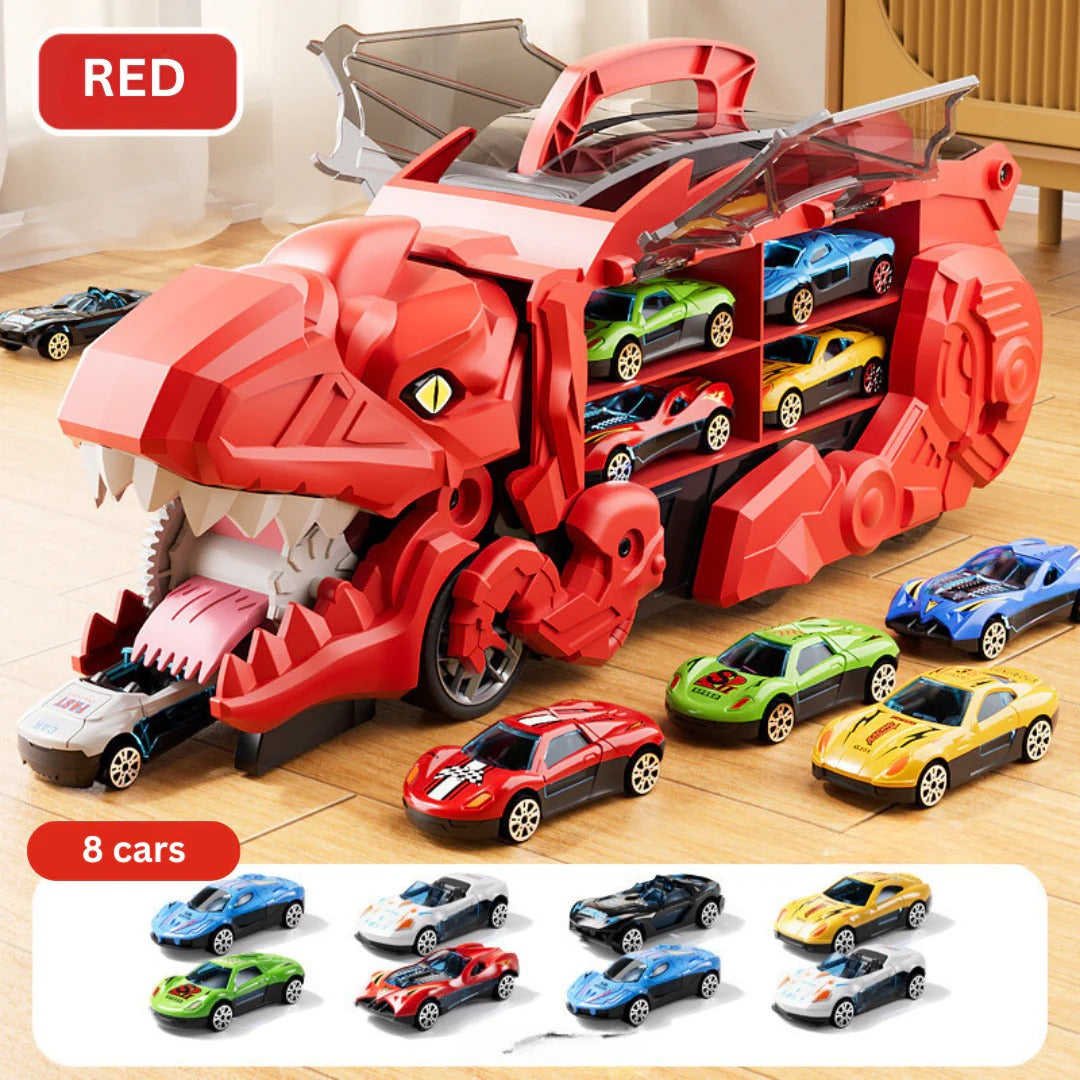 Durable transforming dinosaur truck that stores cars, offering a versatile car playset for active kids.