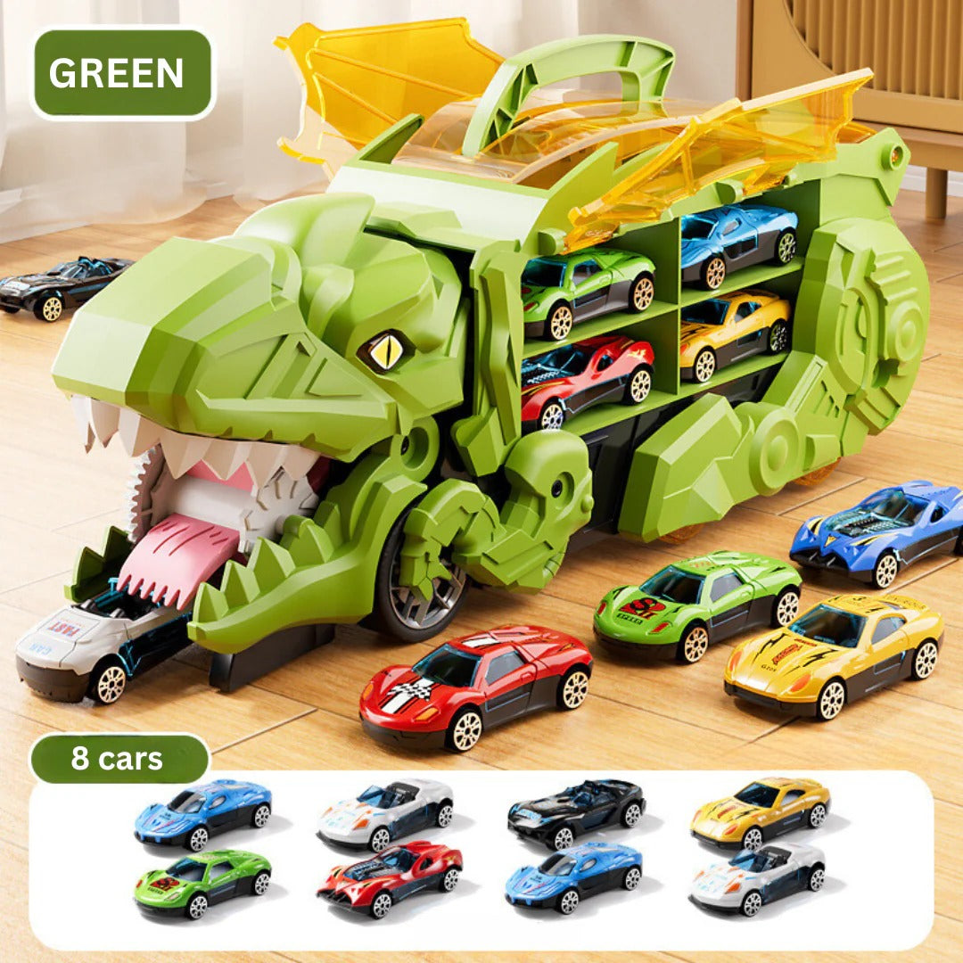 Vibrant green transforming dinosaur truck playset; opens into a prehistoric car race track for kids.