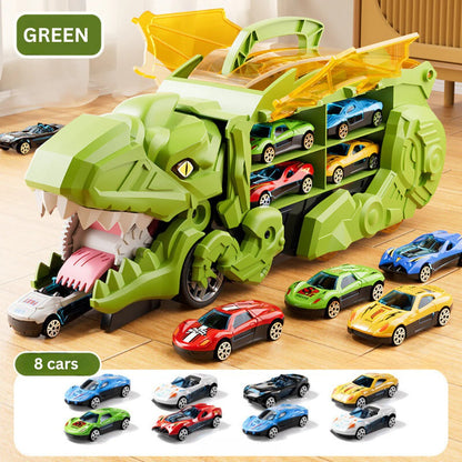 Vibrant green transforming dinosaur truck playset; opens into a prehistoric car race track for kids.
