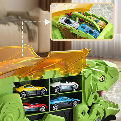 Toy storage dinosaur truck opens to a car playset; includes miniature cars, ideal for boys and girls.