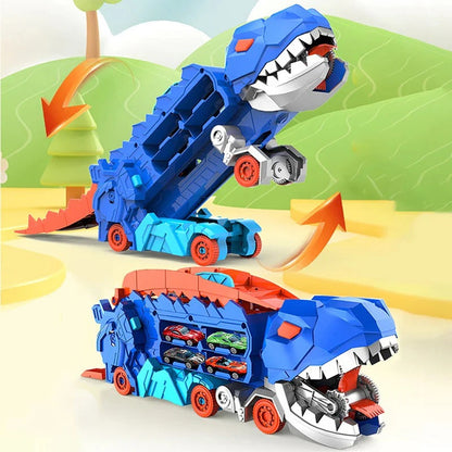 Mini cars racing on the track of a transformed dinosaur truck playset, perfect for dynamic kids' play.