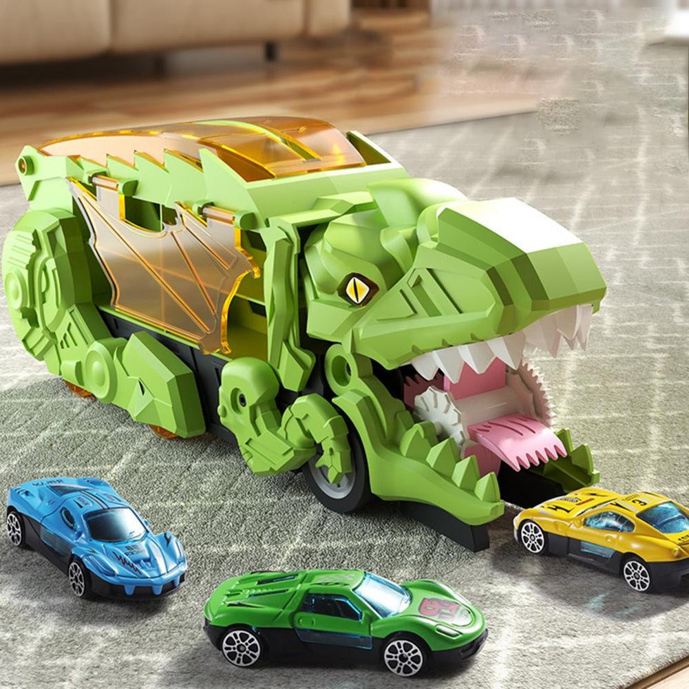 Compact kids' dinosaur truck toy, ready to transform into an interactive car playset for toddlers.