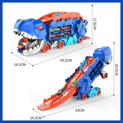 Fully opened dinosaur truck playset showing car ramps and track, encouraging preschool imaginative play.