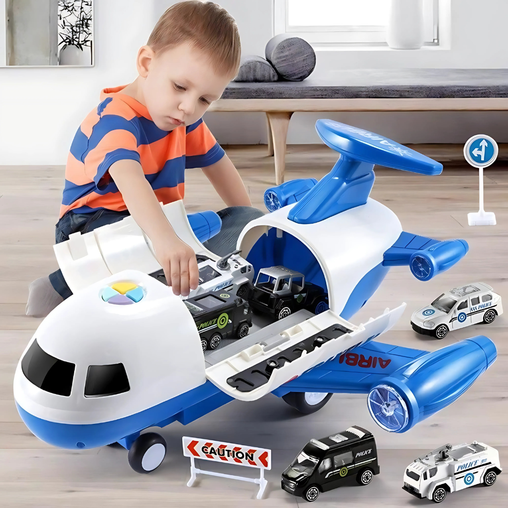 Educational transforming toy airplane playset for kids. Encourages imaginative play with storage & music.