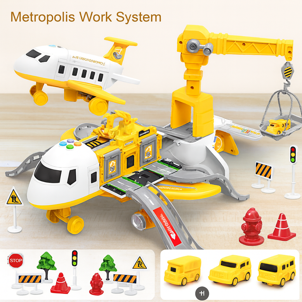 Multi-color transforming toy airplane for kids. Yellow, blue & red plane playset with storage & music fun.