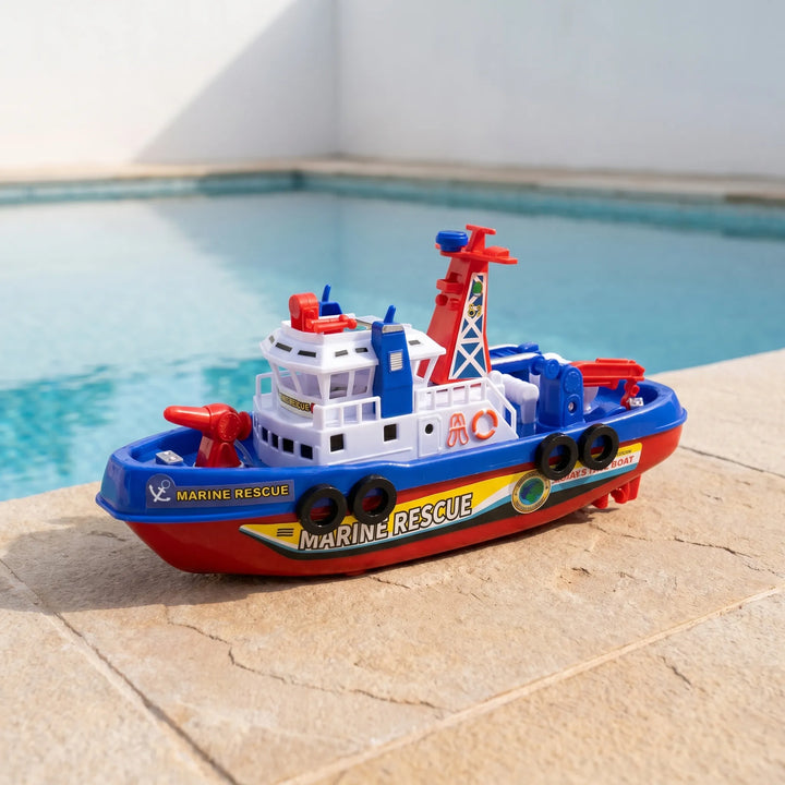 Kids' water-spraying fireboat bath toy, perfect for interactive splashing fun in the tub.