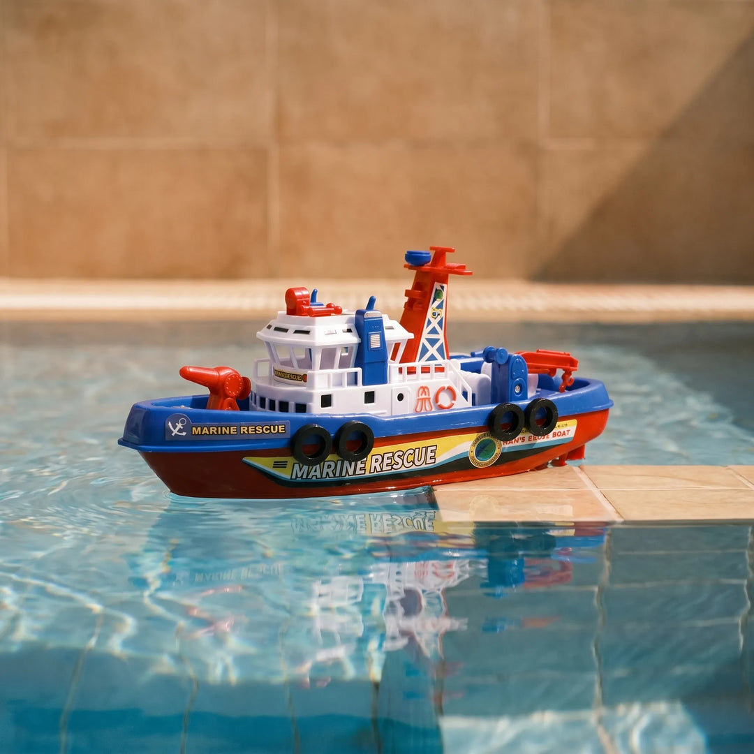 Toddler interactive fireboat bath toy, sprays water for exciting rescue adventures and splashing play.