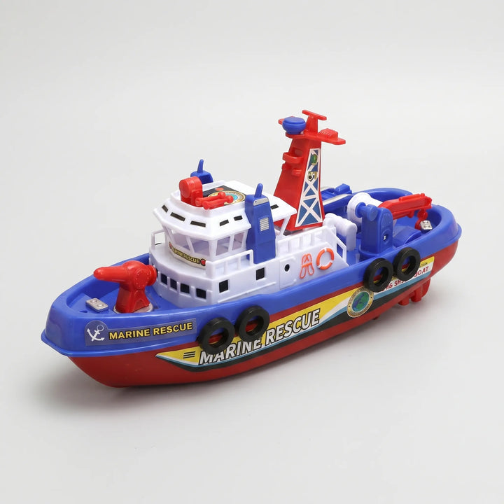 Bright red water-spraying fireboat bath toy, durable and safe for endless fun during bathtime.