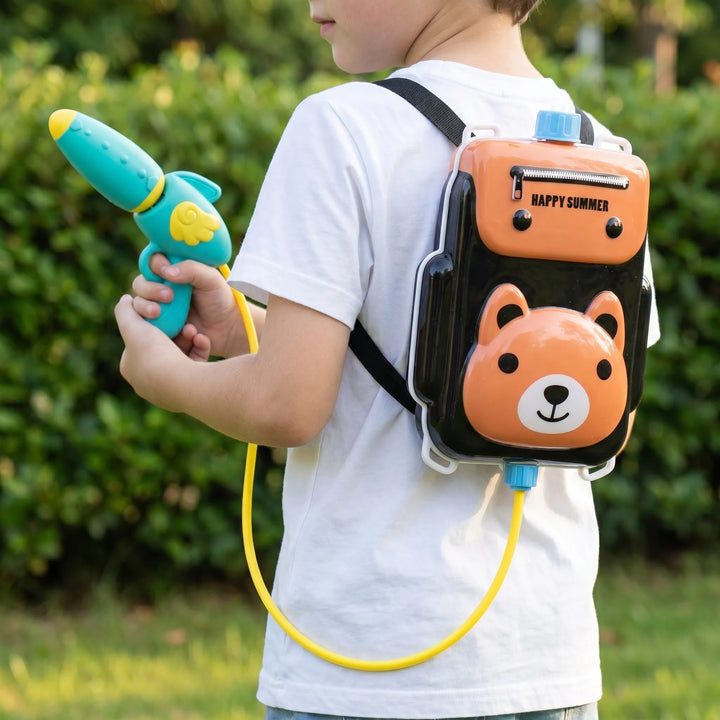 Kids' wearable animal backpack water blaster for summer outdoor play.