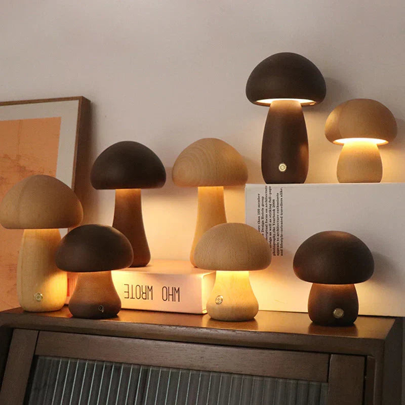 GlowShroom: a stylish wooden mushroom LED night light, ideal for children's room and nursery bedside.