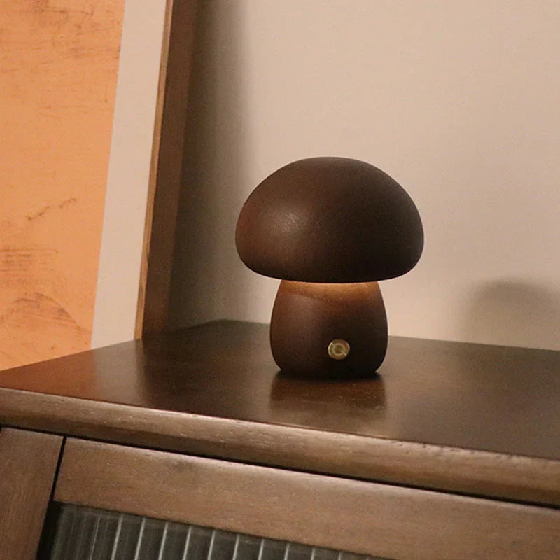 Warm glow wooden mushroom LED night light, GlowShroom, perfect for kids' rooms, energy efficient & safe.