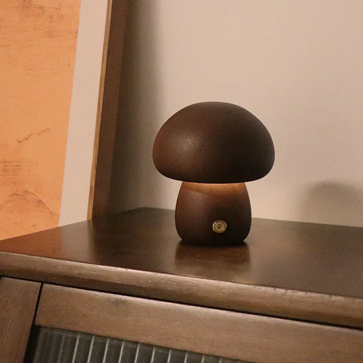 Warm glow wooden mushroom LED night light, GlowShroom, perfect for kids' rooms, energy efficient & safe.