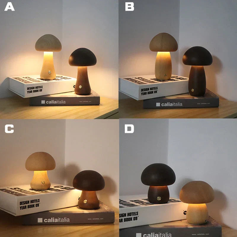Adorable GlowShroom wooden mushroom LED lamp, a perfect night light for kids' room or nursery decor.