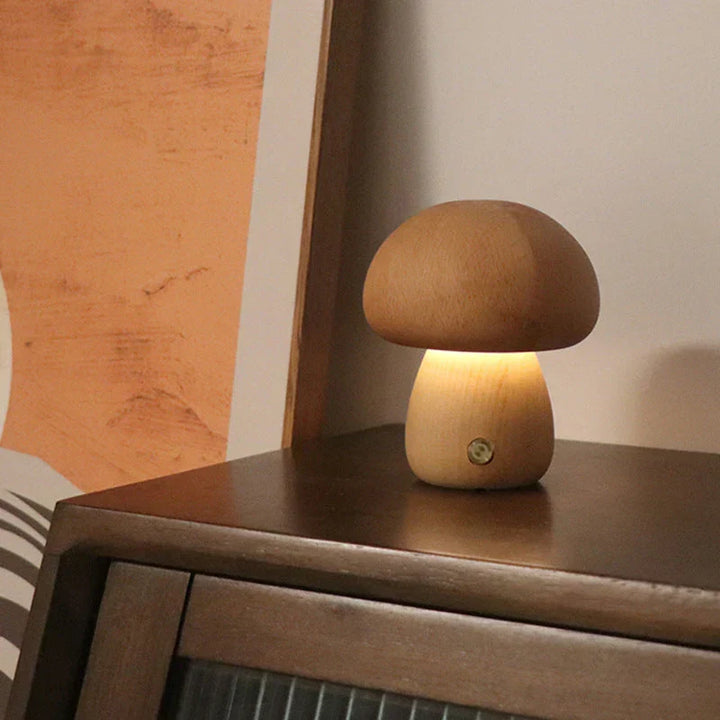 GlowShroom wooden mushroom night light, LED, perfect for children's room decor with its warm, gentle glow.