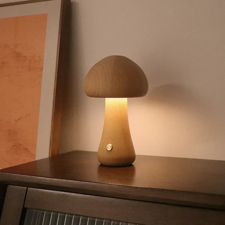 Modern wooden mushroom LED night light, GlowShroom, a stylish and energy-efficient lamp for kids' spaces.