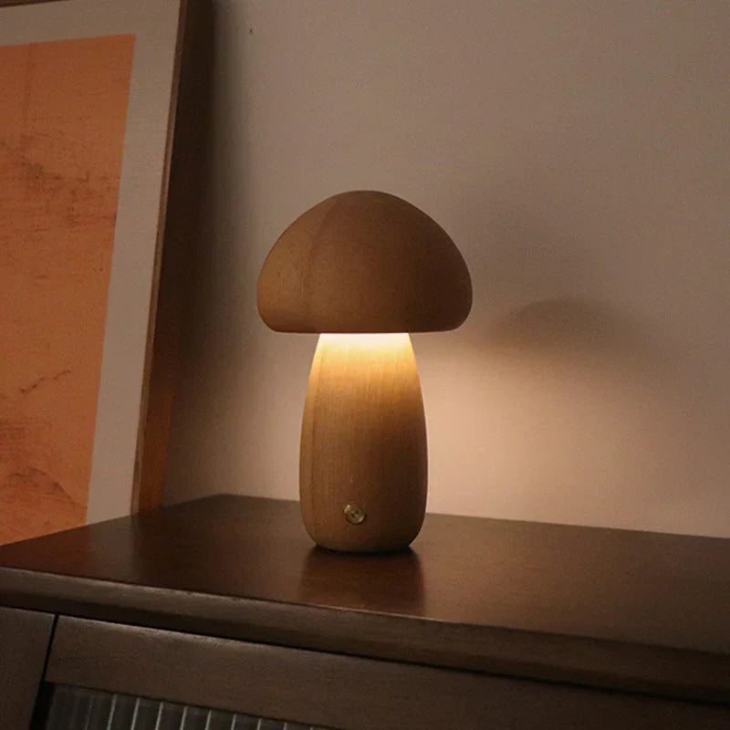 Energy-efficient GlowShroom wooden mushroom LED night light for children's rooms, offering a gentle warm glow.