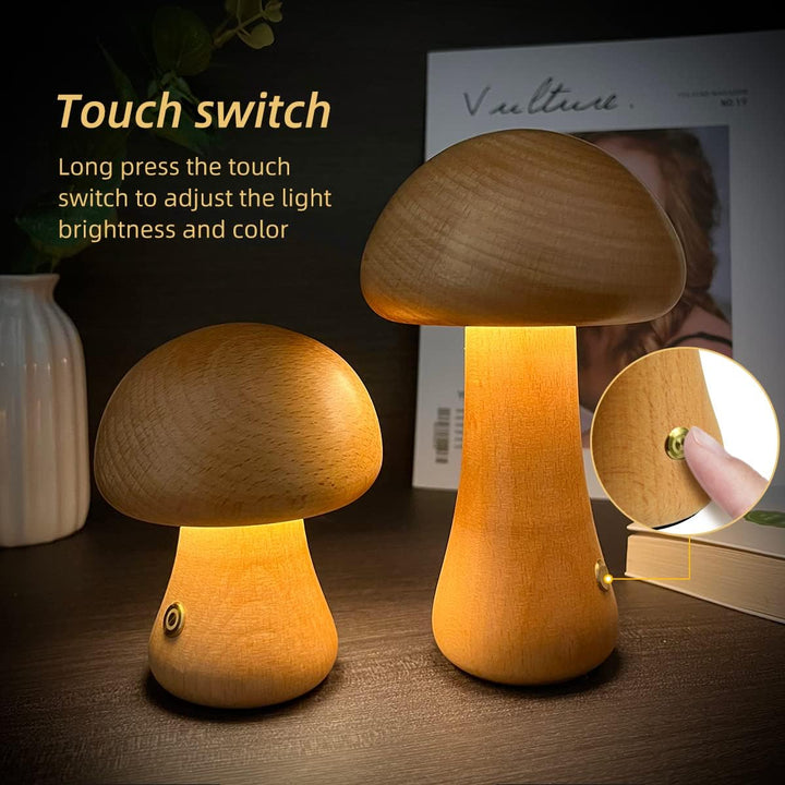 Bedside wooden mushroom LED night light, GlowShroom, brings a warm, cozy glow to any child's room decor.
