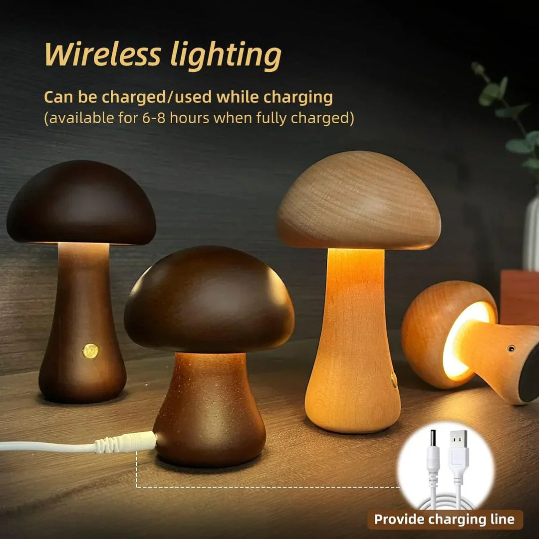 Sustainable wooden mushroom LED light, GlowShroom, perfect as a nursery night light or kids' room accent.