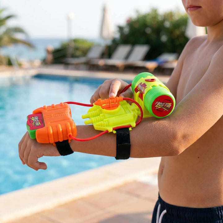 Innovative wrist-mounted water blaster for children, offering hands-free outdoor play & refreshing water fun.