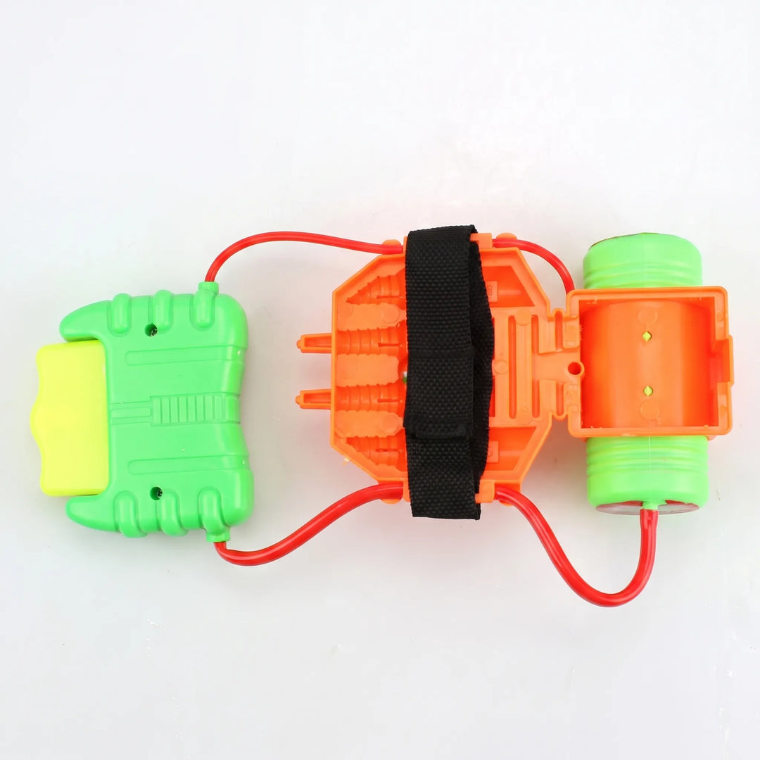 Compact kids' wrist water blaster for hands-free outdoor summer fun. A must-have beach & sand toy.