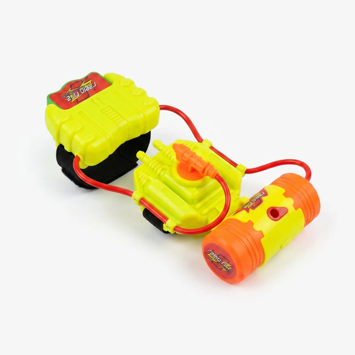 Ergonomic wrist-mounted water blaster for kids, allowing hands-free water play at the pool or beach.