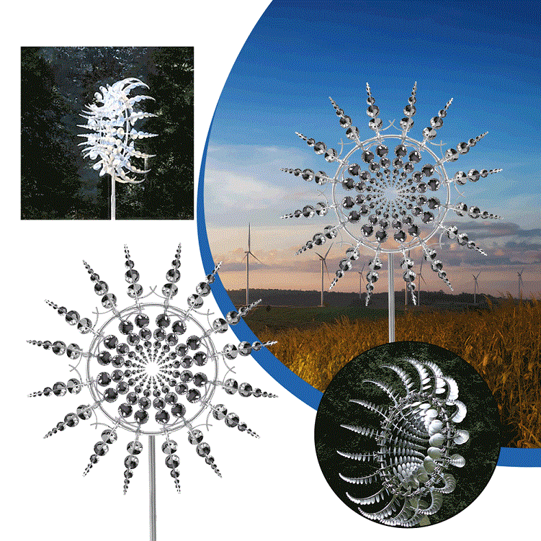 Dynamic kinetic metal wind spinner in action, rust-resistant, adding moving art and charm to any garden or patio.
