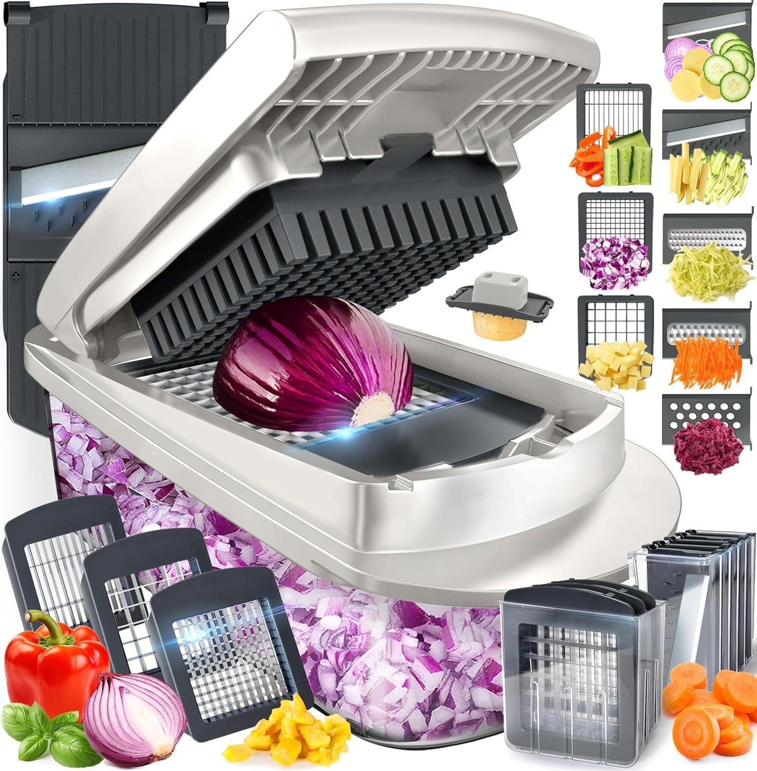 Kitchen 10-in-1 vegetable slicer with 8 interchangeable blades for fast & easy meal prep.