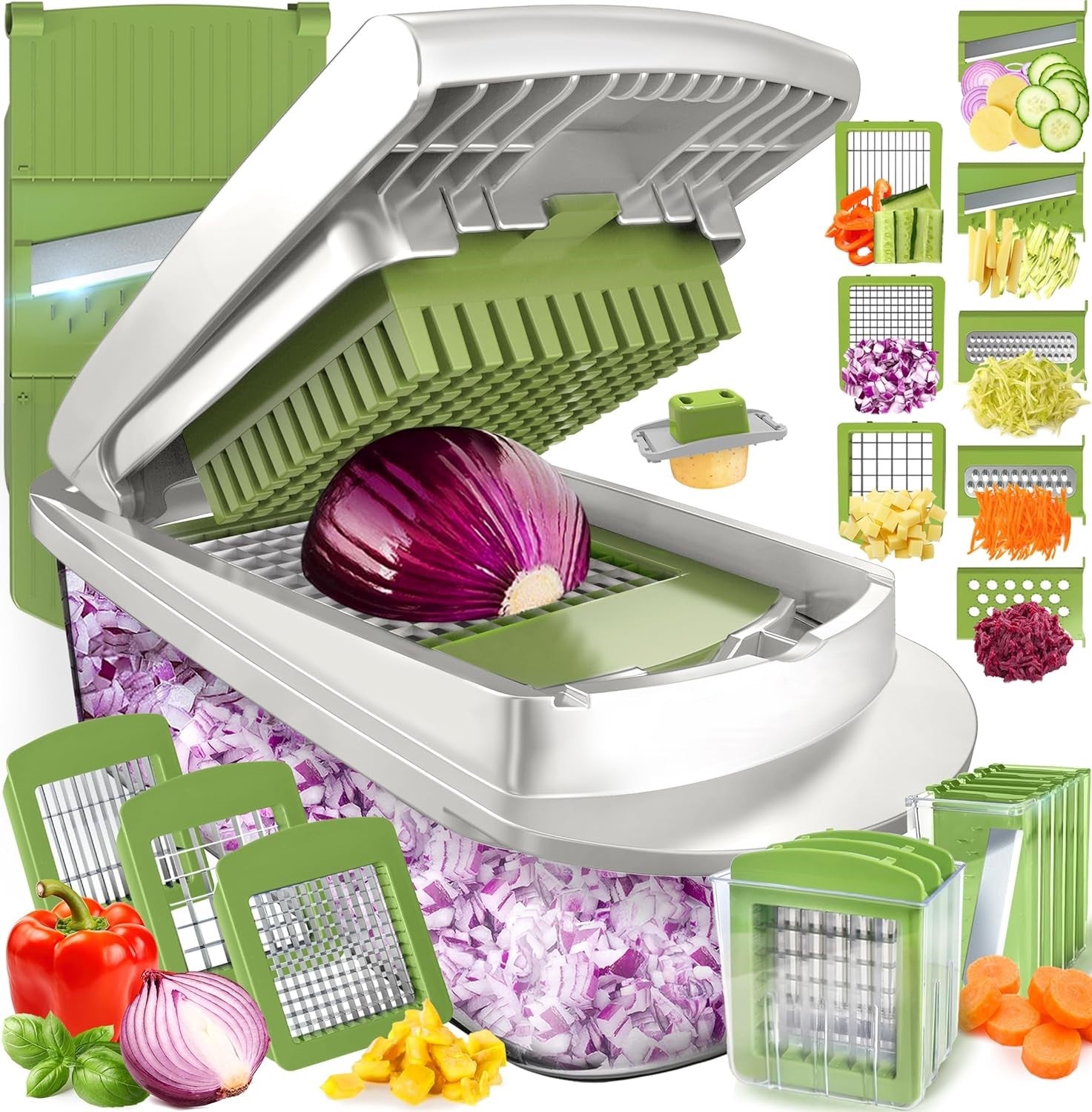 Versatile 10-in-1 vegetable slicer & food chopper with 8 unique blades for dicing, grating, slicing.