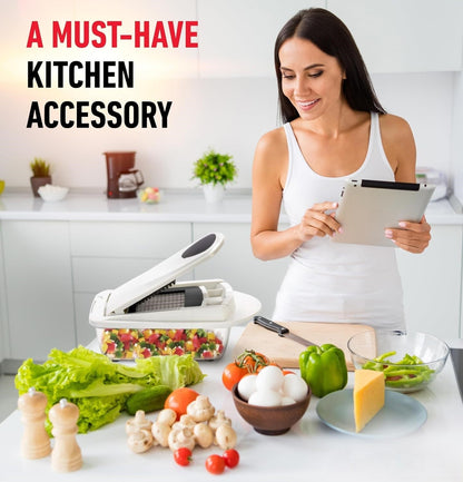 Multi-functional kitchen gadget: 10-in-1 vegetable slicer, grater, & dicer with various blades.