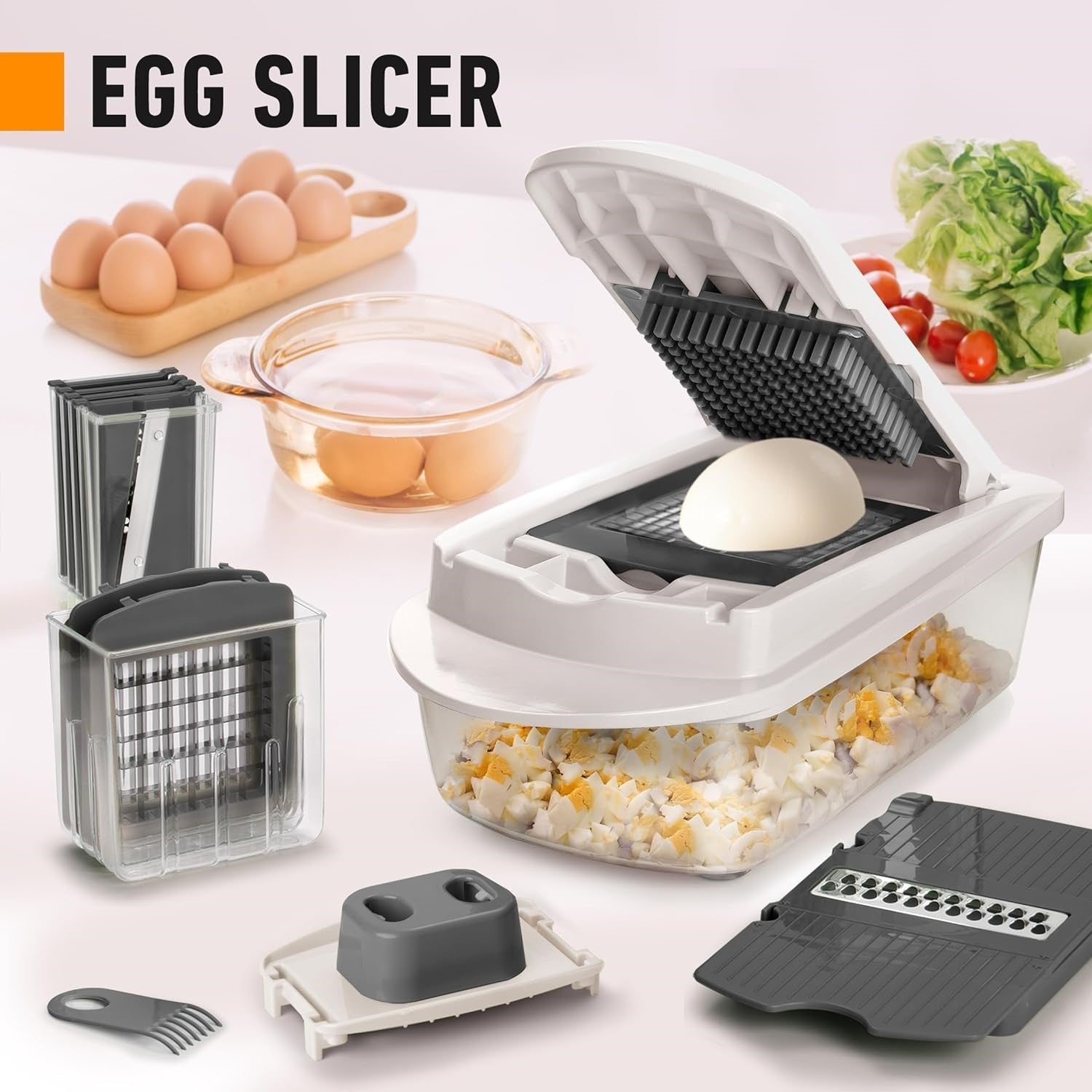 Prepare vegetables quickly with this 8-blade food chopper and 10-in-1 kitchen slicer for salads.