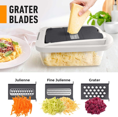 Easy cleanup 10-in-1 vegetable slicer with 8 blades; ideal kitchen tool for fast healthy meal prep.