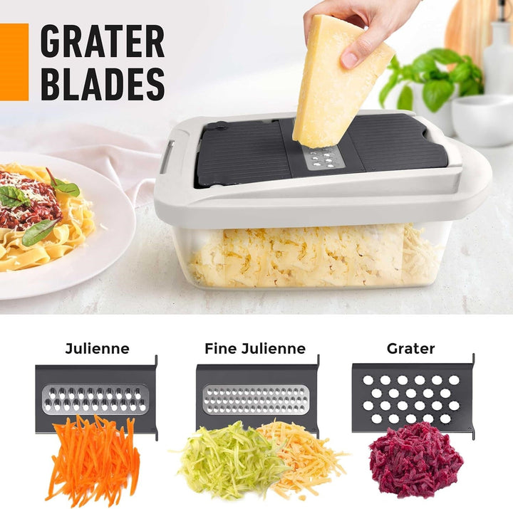 Easy cleanup 10-in-1 vegetable slicer with 8 blades; ideal kitchen tool for fast healthy meal prep.