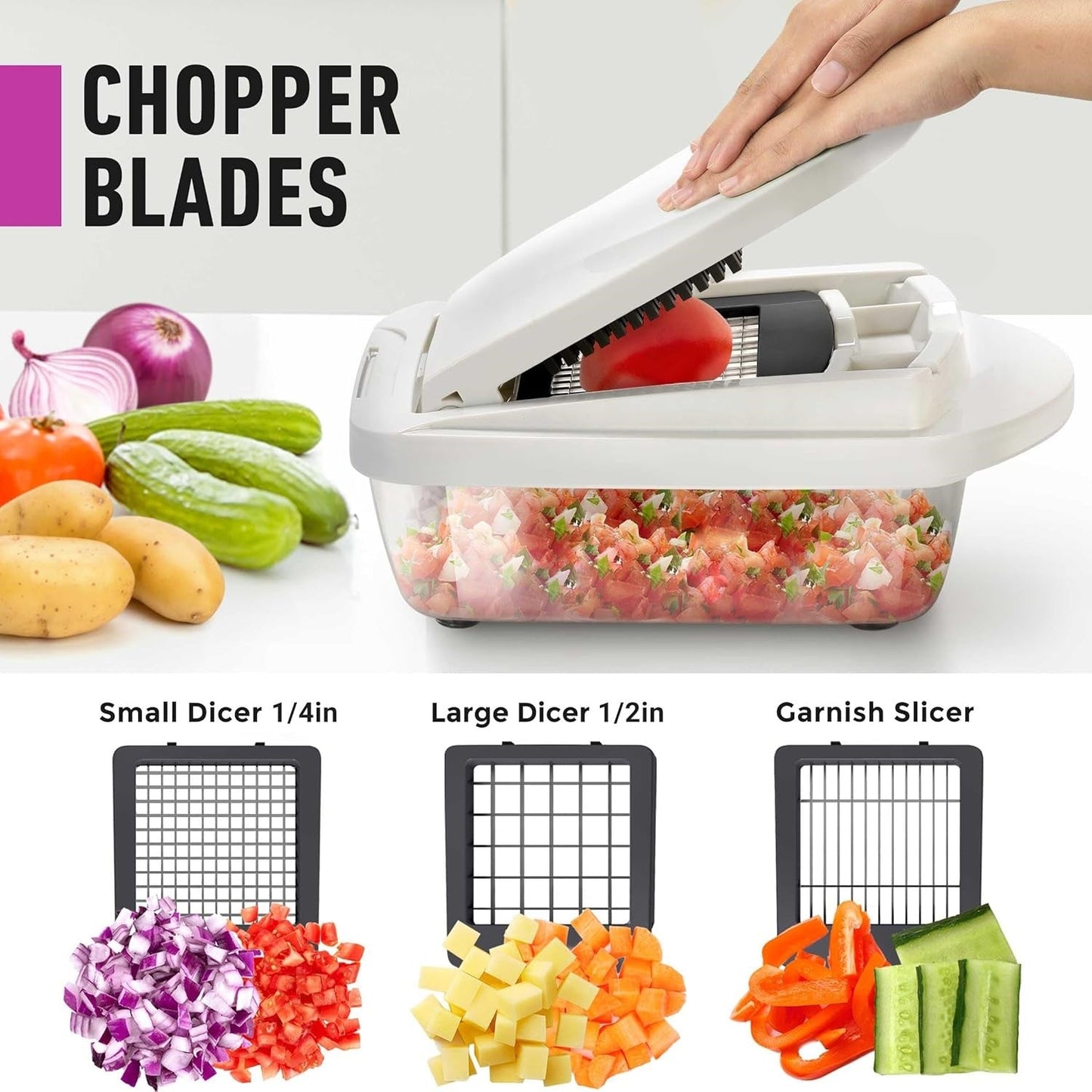 Complete kitchen 10-in-1 vegetable slicer set, showing 8 blades, container, and safety holder.