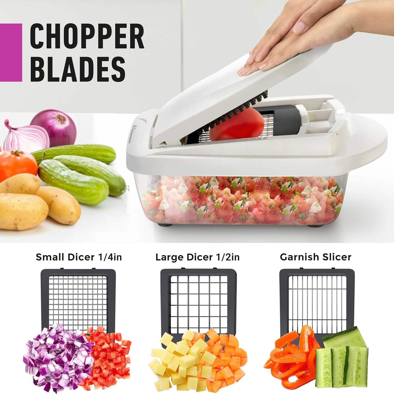 Complete kitchen 10-in-1 vegetable slicer set, showing 8 blades, container, and safety holder.