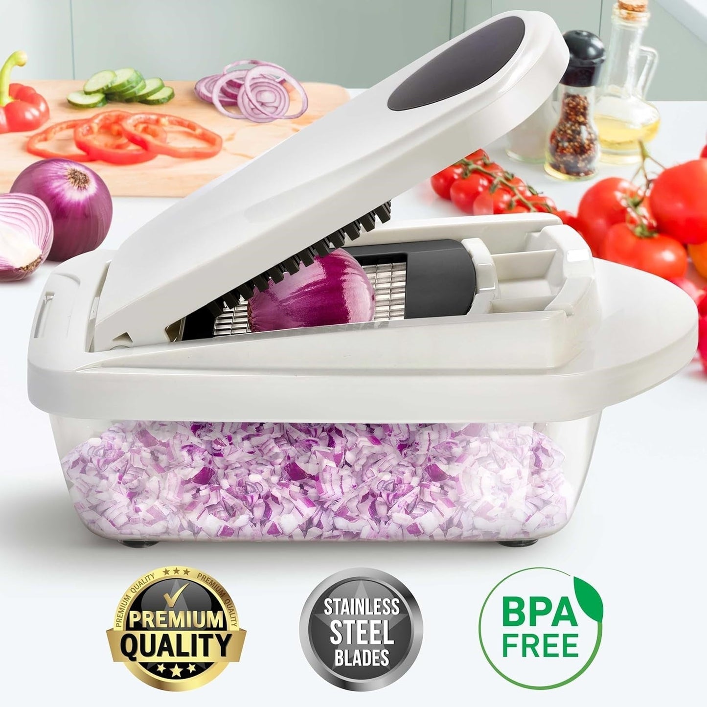 Modern 10-in-1 vegetable slicer & food chopper, essential 8-blade kitchen accessory for quick meals.