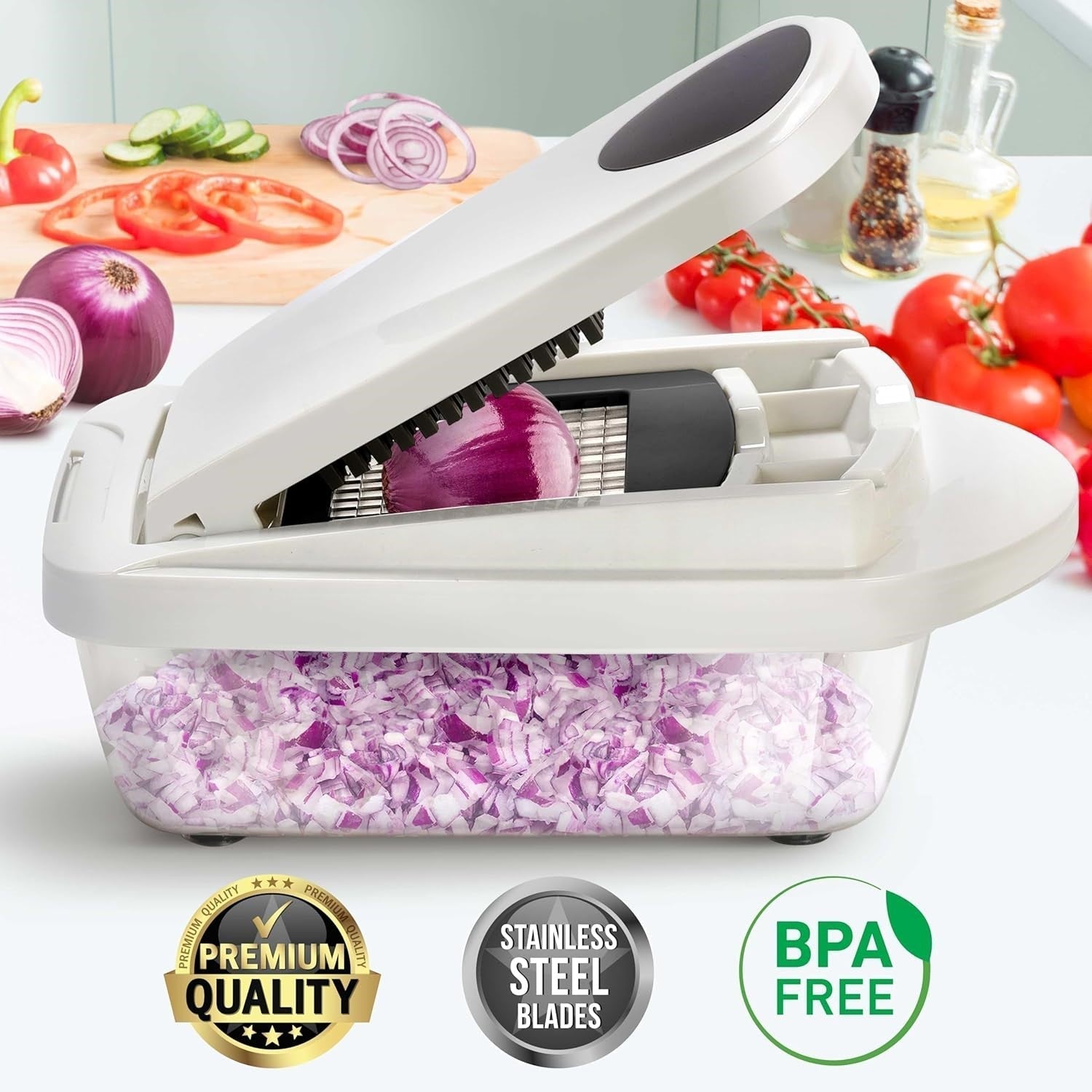 Modern 10-in-1 vegetable slicer & food chopper, essential 8-blade kitchen accessory for quick meals.