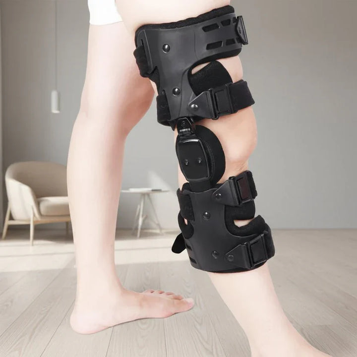 Side profile of Kneielease knee brace, designed for stability & joint pain relief. Ideal for active rehabilitation.
