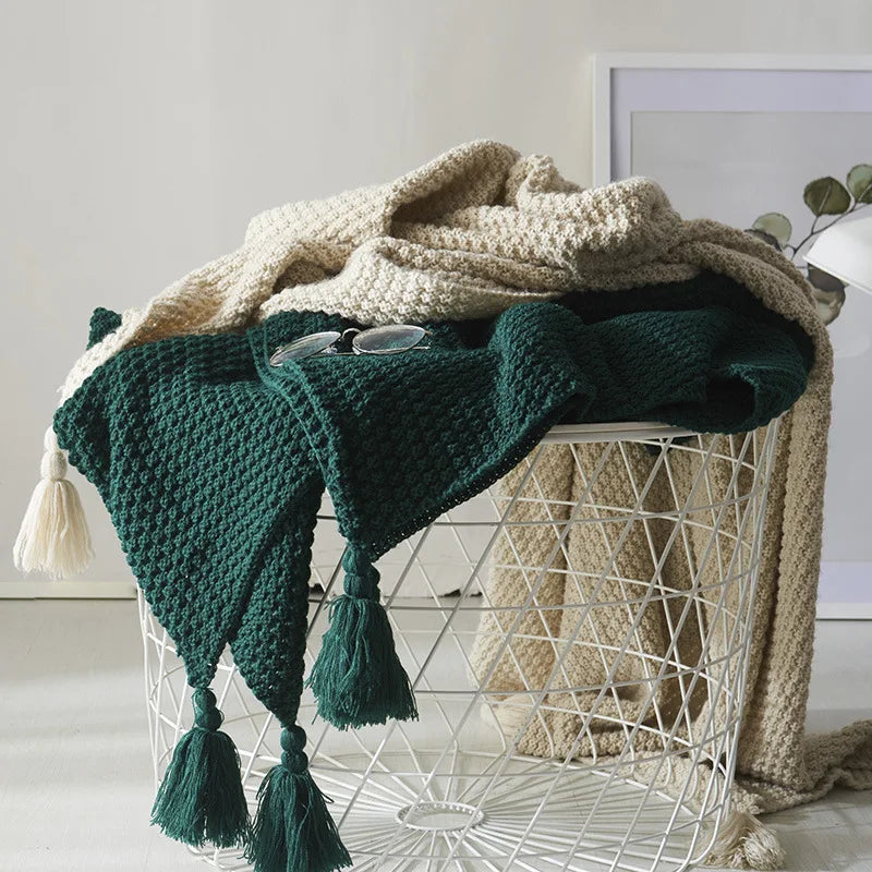 Knitted wool blanket with tassels, warm & cozy home decor throw for sofa.