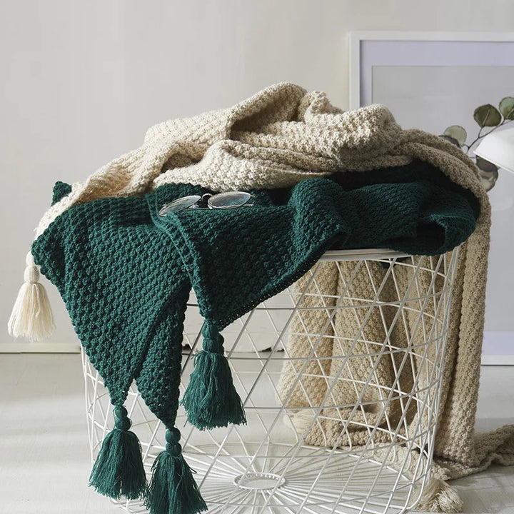Knitted wool blanket with tassels, warm & cozy home decor throw for sofa.