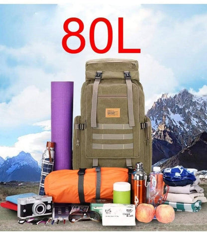Large 80L tactical hiking backpack in olive green, ideal for camping and outdoor travel.