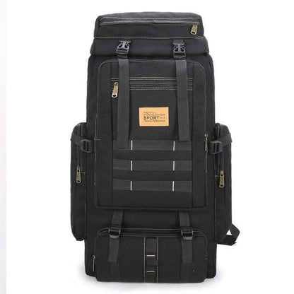 Heavy-duty 80L tactical backpack with MOLLE webbing for outdoor adventures and camping.