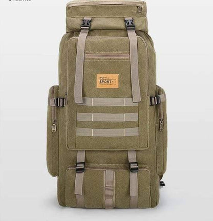 Spacious 80L hiking backpack, black, designed for extensive travel and military use.