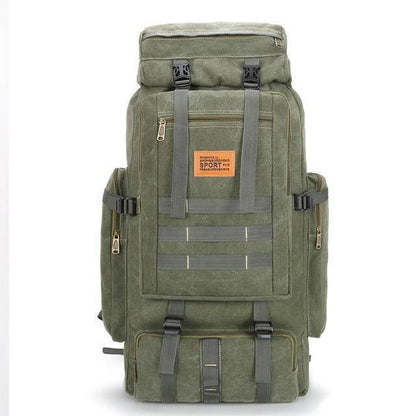 Durable 80L outdoor backpack with large capacity for camping, travel, and tactical use.
