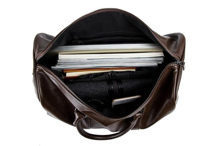 Brown faux leather travel duffel bag. Large capacity, lightweight, perfect unisex weekender carry-on.