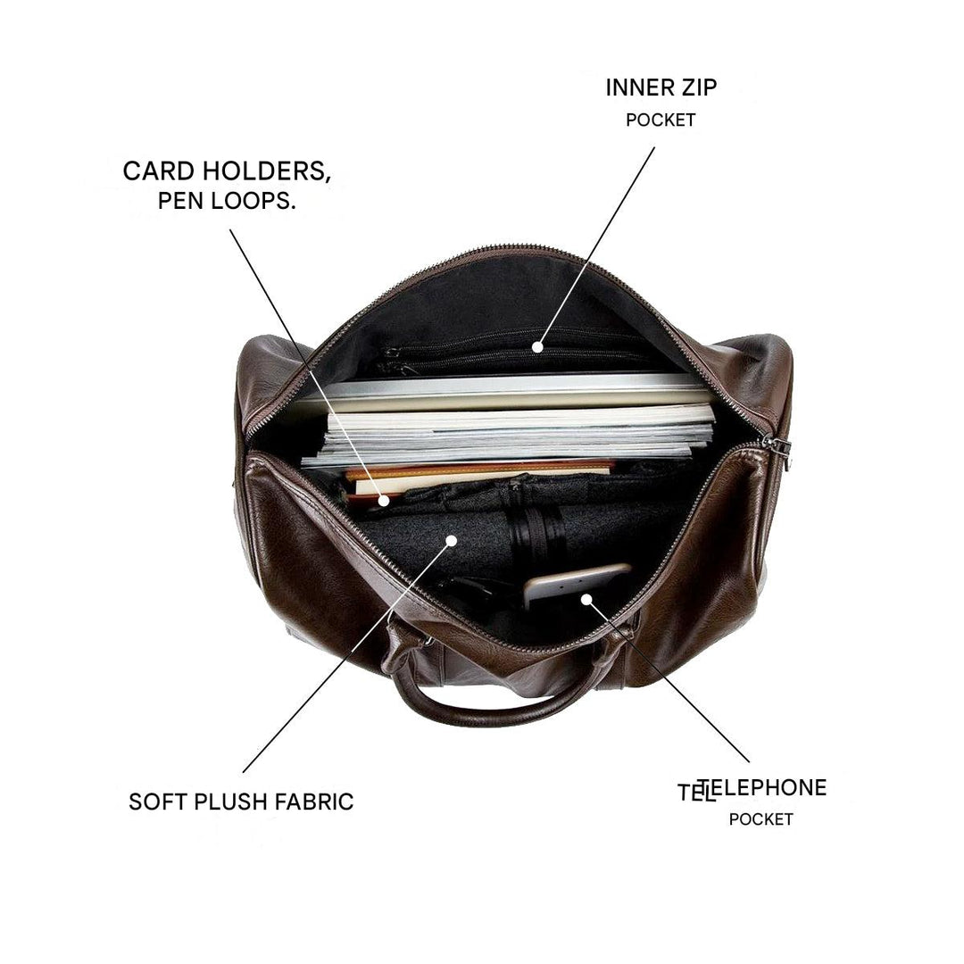 Unisex large lightweight faux leather travel duffel. Perfect carry-on weekender bag for overnight trips.