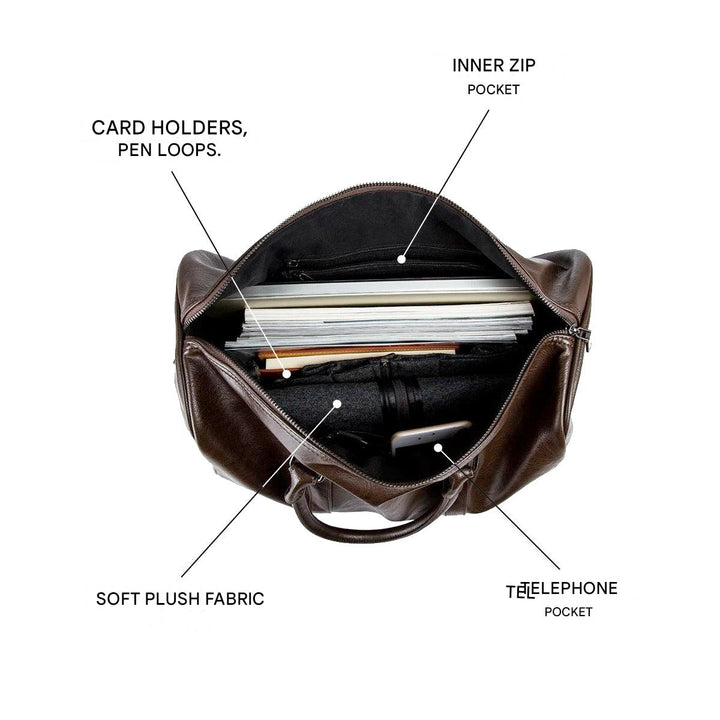 Unisex large lightweight faux leather travel duffel. Perfect carry-on weekender bag for overnight trips.