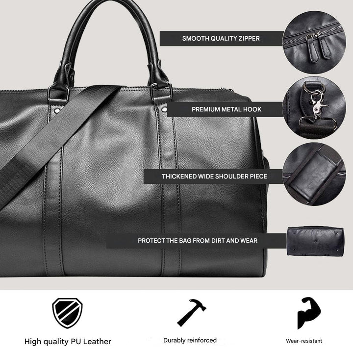 Stylish brown faux leather gym bag. Large capacity, lightweight, ideal for travel & weekend getaways.