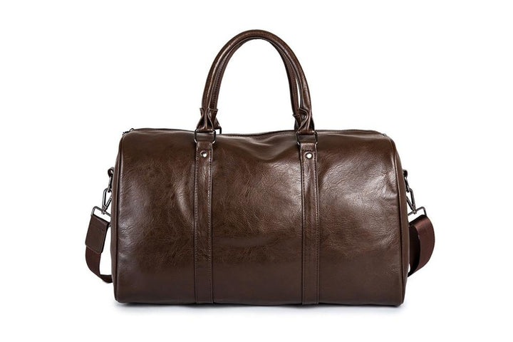 Brown large faux leather travel duffel bag. Lightweight & spacious, perfect for weekend and gym use.