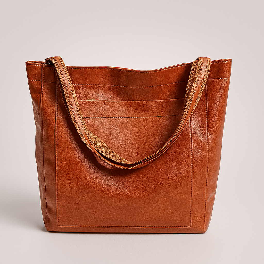 Large brown women's everyday tote shoulder bag. Stylish fashion accessory for work, travel & daily use.