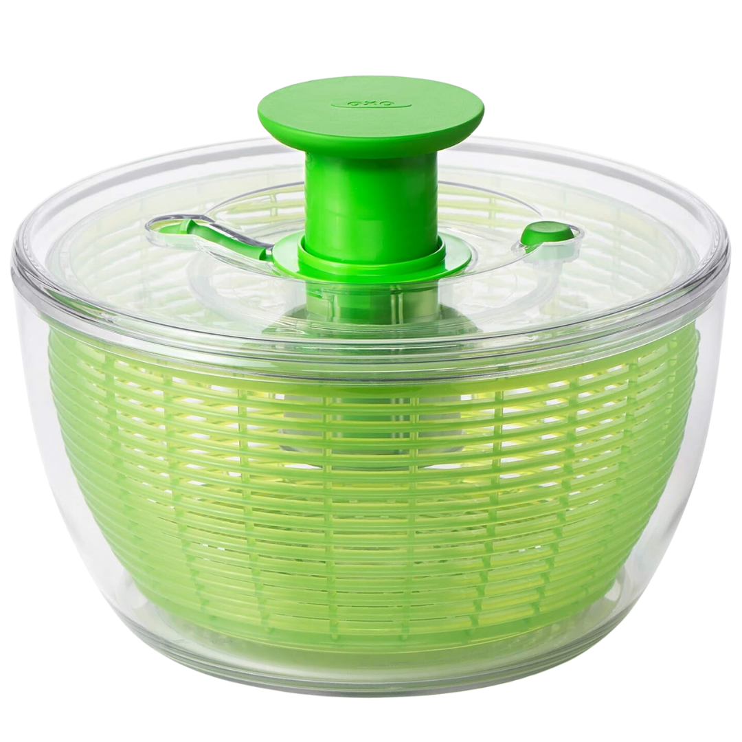 Large capacity salad spinner for drying fresh greens quickly.